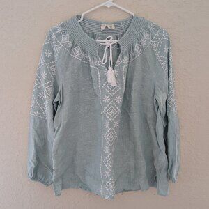 Joie 100% Linen Long Sleeved Blouse Fringe Tie Embroidered Size M Boho